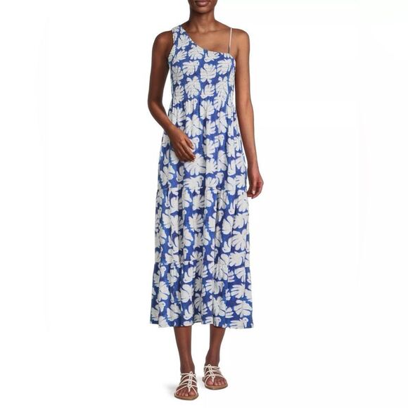 NZT NIC & ZOE Blue & White Shadow Palm One-Shoulder Smocked Dress Sz. Medium NEW - Picture 13 of 15